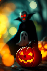 Halloween pumpkin with ghost on bokeh background, holiday concept