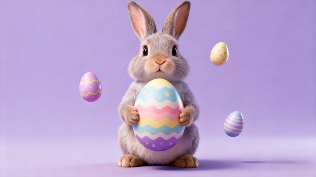 Cute 3D Bunny Holding Large Striped Easter Egg on Purple