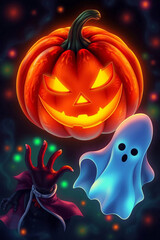 Halloween pumpkin and ghost in dark space, 3D illustration.