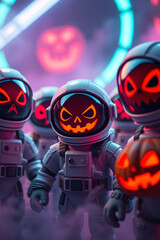Modern design, tight close-up shot of Spooky Halloween Astronauts and Pumpkin Characters in Neon Fog