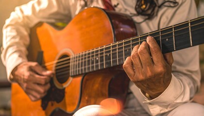 Obraz premium A close-up showcases a person's hands playing a wooden acoustic instrument, focusing on the frets and strings with a warm glow