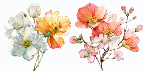 Hand Painted Watercolor Cherry Blossom Branches and Wildflower Bouquet Illustration