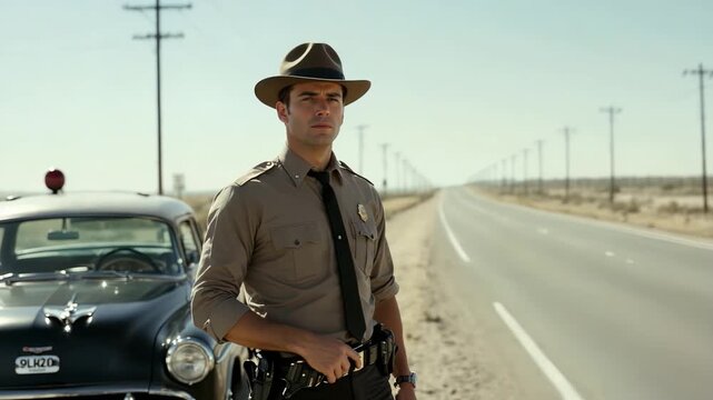 A Police Officer stationed on a deserted highway alongside a classic patrol car