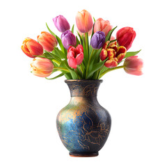 Tulips in Decorative Vase, isolated on transparent background PNG