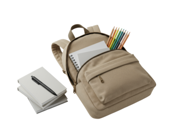 Beige canvas school backpack (unzipped), minimalist notebooks, black pen, fanned colored pencils on a transparent background, 45-degree top-down close-up, sharp focus. Sophisticated product