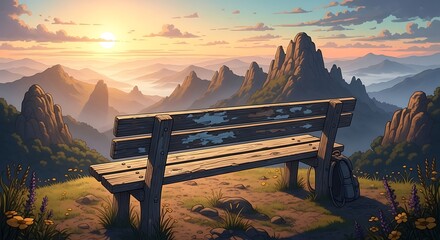 Wooden Bench on Mountaintop at Sunrise.