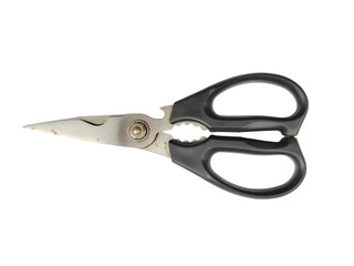 Black-handled stainless steel kitchen scissors isolated on white background.

