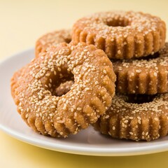 Anarsa sweets on a white plate with sesame seeds, close up shot indoors against pastel yellow background under soft daylight