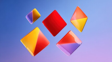 Abstract glossy geometric shapes floating on gradient background, red yellow orange purple colors,
