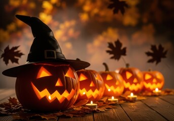 Row Of Glowing Halloween Jack O Lanterns With Witch Hat And Candles pumpkin carved