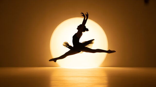 Silhouette of a ballerina in mid-leap against a glowing circular light