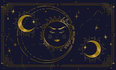 Astrological celestial banner with frame. Crescent sun and stars astro mystical design. 
