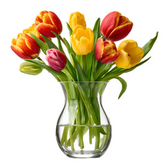 Crystal clear glass flower vase with fresh tulips, png 