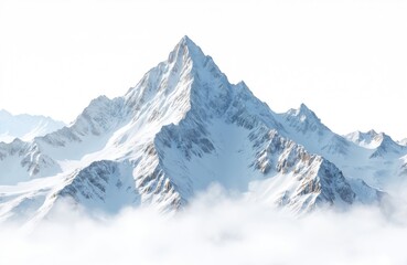 Snow-capped mountain range against clear blue sky. Pristine white snow covers mountains from top left to bottom right. Majestic peaks rise with snow-capped tops against azure backdrop. Snow, blue sky