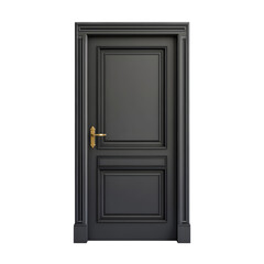 Dark gray wooden door with metal handle and lock, simple clean design, isolated PNG