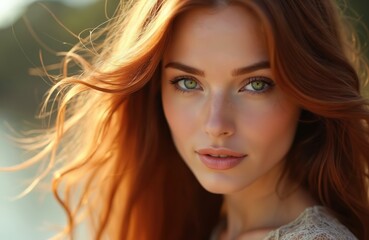 Fototapeta premium Close-up portrait of red-haired green-eyed young woman. Natural light showcases her striking features and long hair. Beauty shot reflects healthy lifestyle, youthfulness and modern fashion.