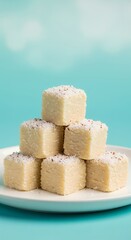 Coconut barfi cubes on white ceramic plate with shredded coconut topping, stacked against pastel aqua gradient background under soft studio lighting, vertical food photography