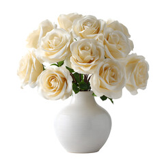 Cream roses in a white ceramic vase isolated on transparent background