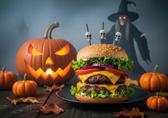 Spooky Halloween Burger with Jack-o'-lanterns and Witch in Foggy Background food pumpkin
