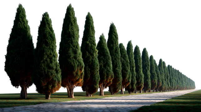 Row of tall cypress trees along a pathway isolated on transparent background