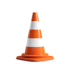 Orange-white striped traffic cone positioned vertical isolated on transparent background png 