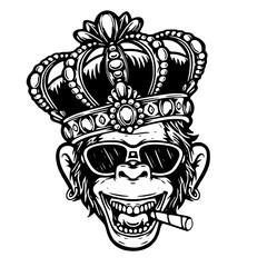 Cool monkey with crown and cigar in monochrome style