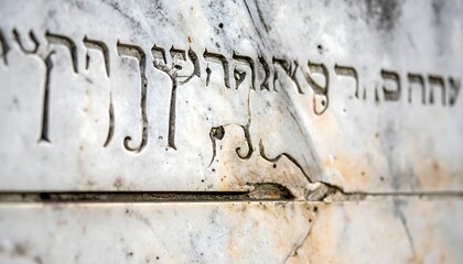 Close-up of etched Hebrew text on marble