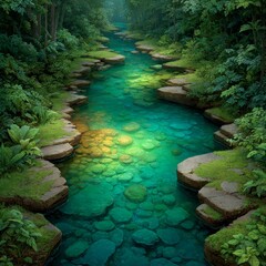 Adventure in the deep jungle serene green nature with rainbow-hued river waters