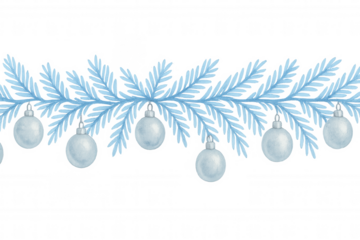 Christmas blue winter spruce branches border, watercolor pine tree garland with hanging silver ornaments, seamless festive frame