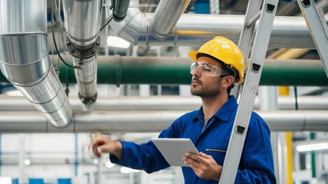 Industrial inspection involves worker checking pipes with tablet on site, ensuring quality. Worker in hard hat with safety goggles performs detailed industrial inspection,