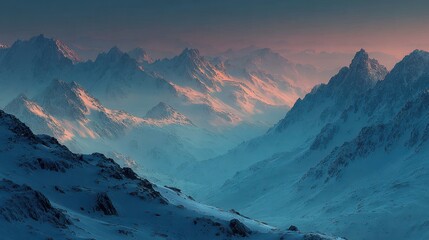 Soft-focus snow-covered mountains with warm glowing light in distance, abstract dreamy color palette, negative space foreground, wide 16:9 winter backdrop