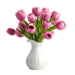 White Ceramic vase with vibrant ping tulips, colorful floral arrangement isolated on transparent background