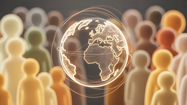 Digital globe surrounded by diverse human silhouettes representing global connectivity and unity