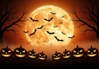 Spooky Halloween night scene with full moon, bats, and jack o lanterns image photo