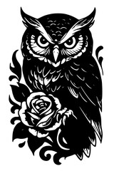 Obraz premium Detailed owl illustration with a rose