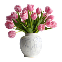 White Ceramic vase with vibrant ping tulips, colorful floral arrangement isolated on transparent background
