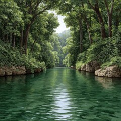 Adventure in a dense jungle with lush green trees over a peaceful river nature's serenity gigapixel standard view