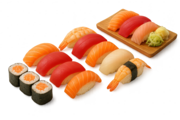 Sushi set assortment on transparent background, various types of delicious sushi