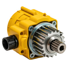 Detailed view of a robust yellow industrial gearbox with exposed metal gears and a black input shaft isolated on transparent background