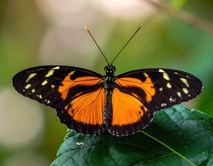 Obraz premium Orange And Black Butterfly On Green Leaf