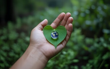 Hand holding heart shaped leaf with earth globe image