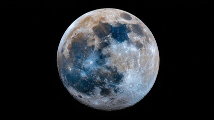 Naklejka premium Clear view of the moon showcasing craters and dark lunar maria with subtle blue hues from atmospheric interference.