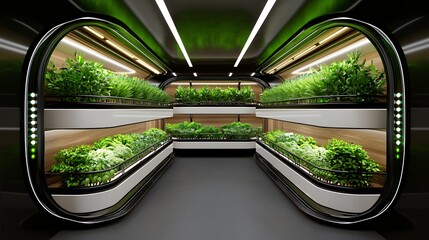 Futuristic Indoor Vertical Farm with Lush Greenery Under LED Lights