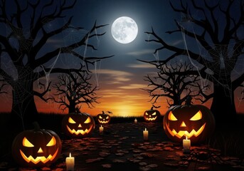 Spooky Halloween night with carved pumpkins and full moon jack-o-lanterns