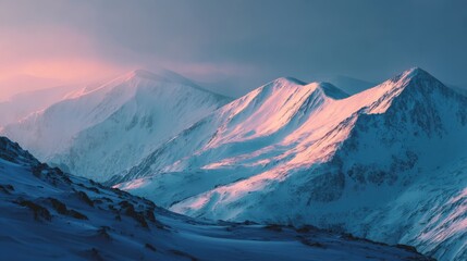 Soft-focus snow-covered mountains with warm glowing light in distance, abstract dreamy color palette, negative space foreground, wide 16:9 winter backdrop