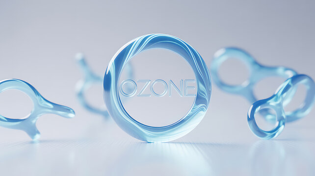 Transparent blue molecular structures with 'OZONE' text in a circular form, representing ozone gas molecules on a reflective surface
