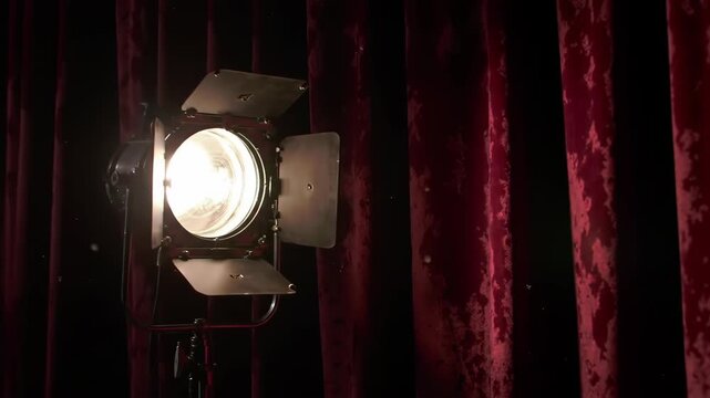 Illuminated stage spotlight near red curtains; backstage setting