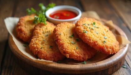 Fototapeta premium Crispy breaded chicken cutlets on wooden platter with sauce and herbs. Fried chicken cutlets meal for dinner at restaurant or at home. Tasty fried chicken pieces with crunchy texture. Delicious snack.