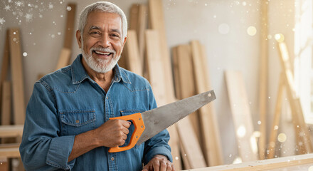 Elderly man smiling while holding a saw in a woodworking shop  