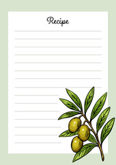 Printable recipe template with Mediterranean olive branch illustration